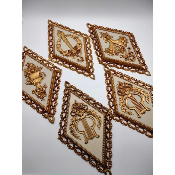 Vintage 1970s Homco Art Nouveau Greek Gold Tone Diamond Resin Wall Plaques - Picture 2 of 16